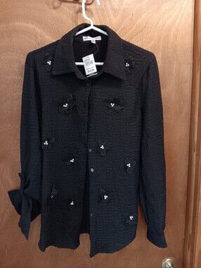 Stem & Vine Black Textured Button-Up Top